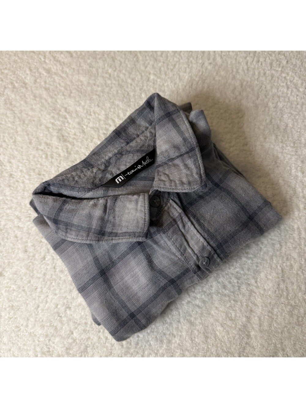 TravisMathew Gray Plaid Button Front Shirt Large Rayon Cotton Lightweight
